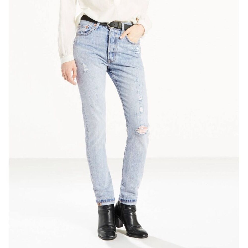 Levi's 501 Womens High Rise Button Fly Distressed Skinny Denim Jeans Blue Sz 24